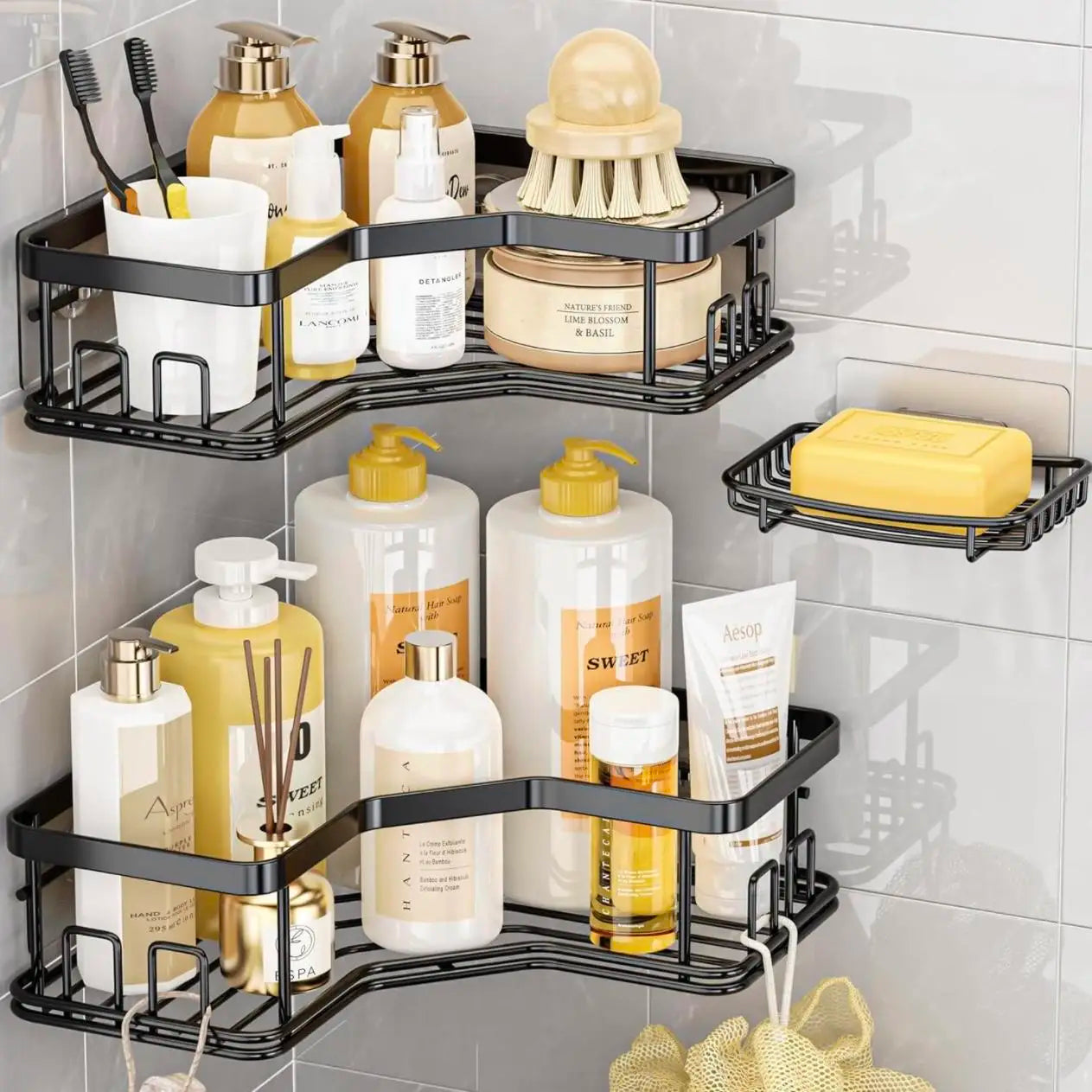 Five Pack Shower Caddy Set With Adhesive No Drilling Rustproof Stainless Steel For Bathroom And Kitchen Organization