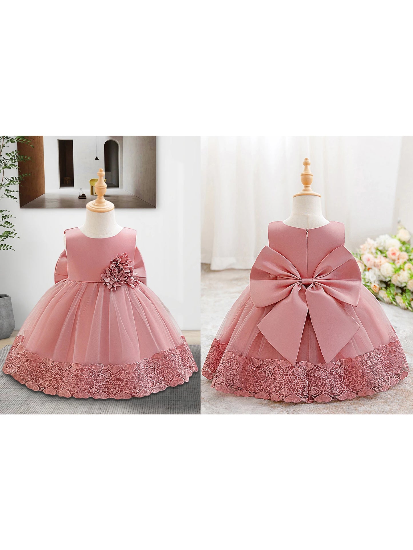 Girls Princess Satin Ball Gown With Floral Embroidery And Big Bow Detail Sleeveless Party Dress For Birthday Or Wedding