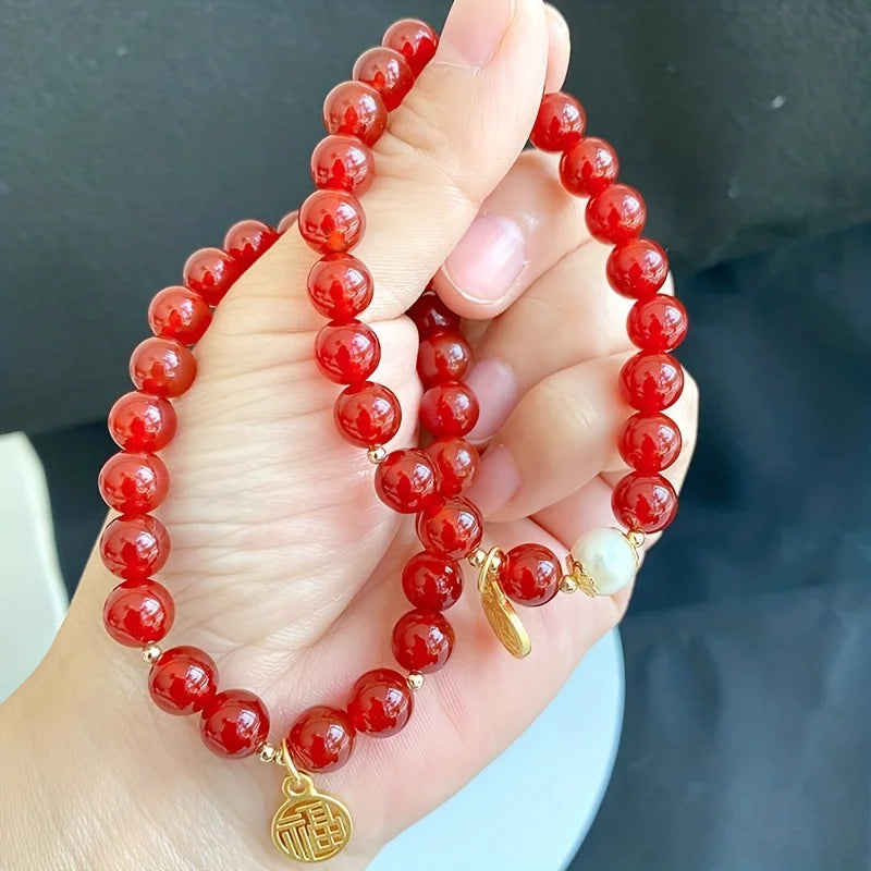Red Crystal Bracelet with Golden Pendant, Chinese Ethnic Style Lucky Charm Jewelry, Gift for Family Friends, Daily Wear