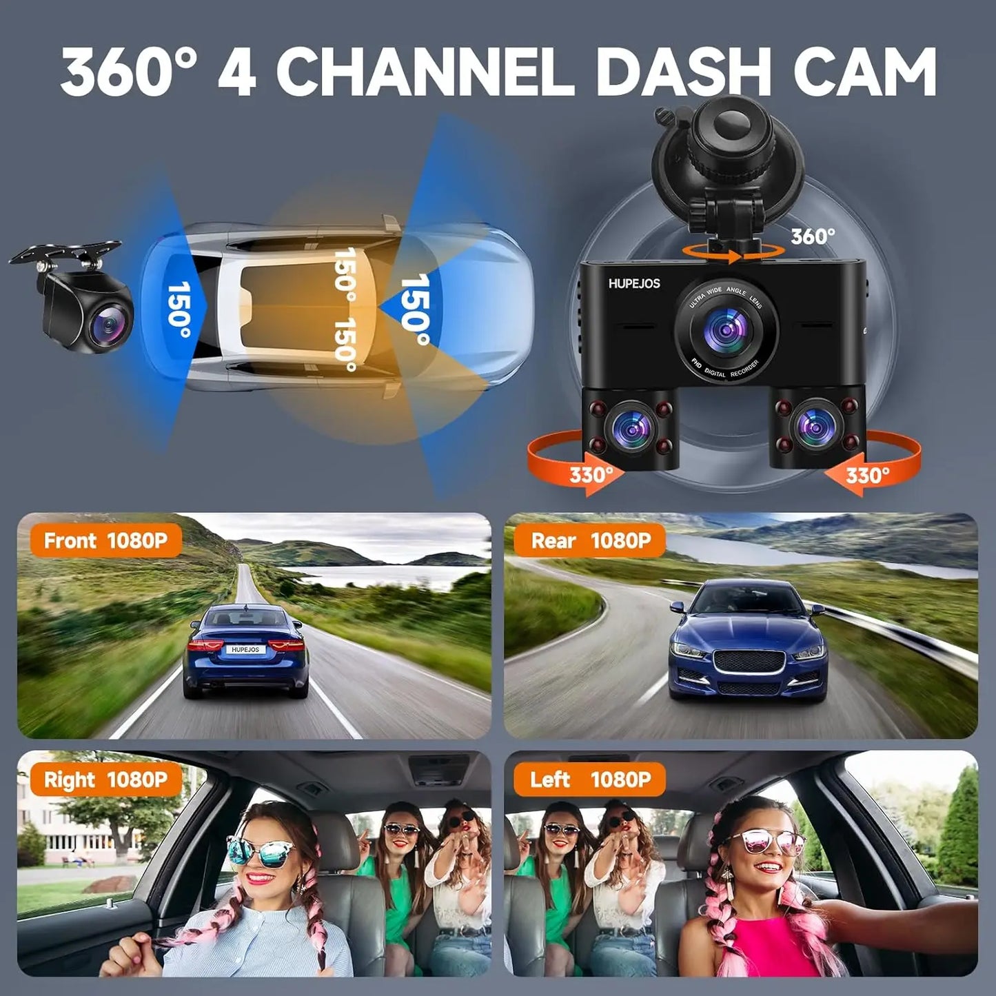 Kankeirr 360 Dash Cam Front Rear 4 Channel With WiFi