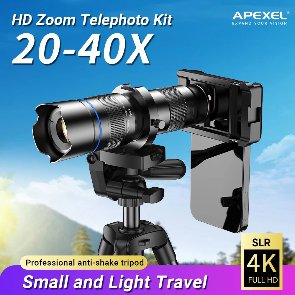 APEXEL HD Metal 20 To 40x Zoom Telephoto Lens For Phone Camera With Extendable Tripod For Samsung iPhone All Smartphones