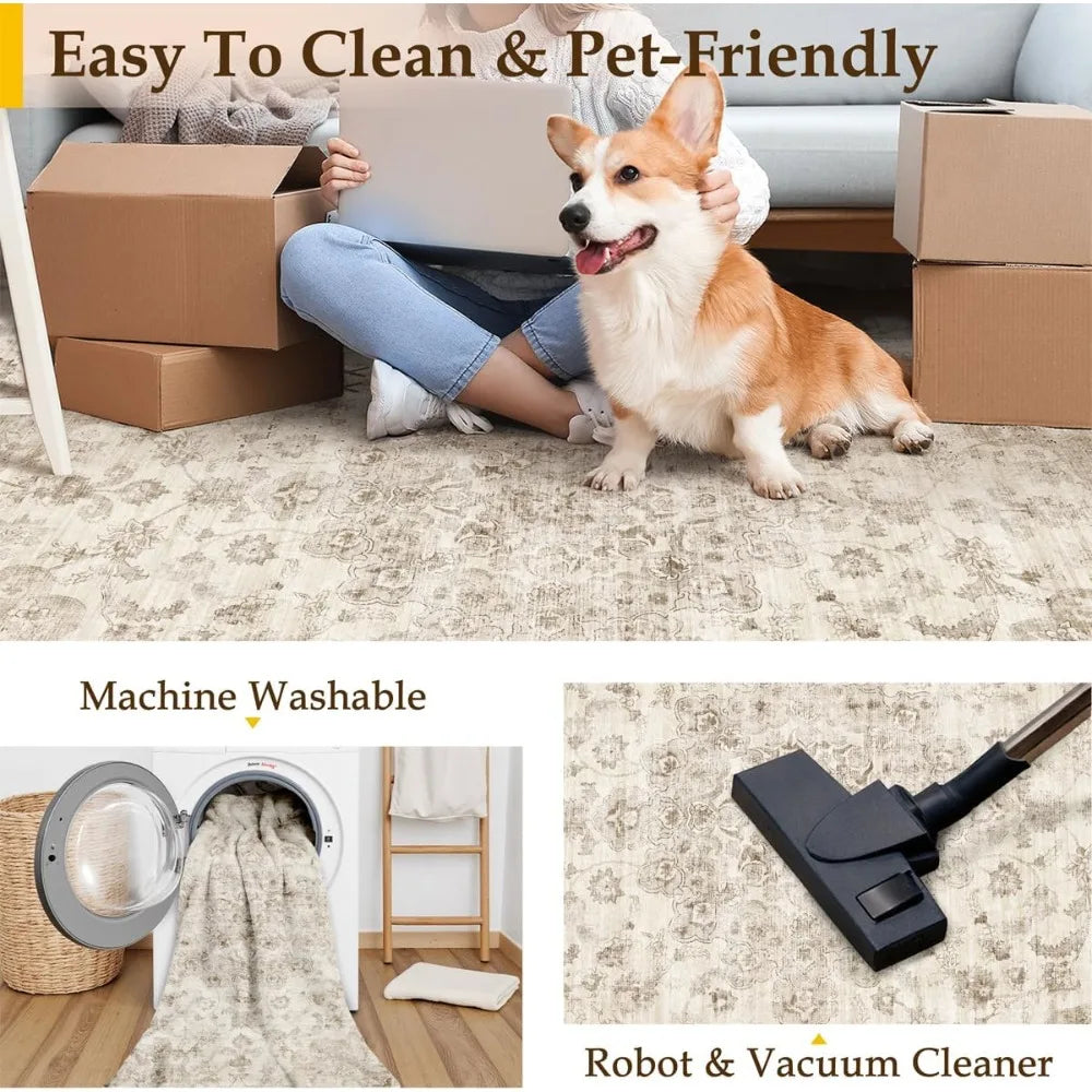 Floral Area Rug Washable Non Slip Low Pile For Living Room