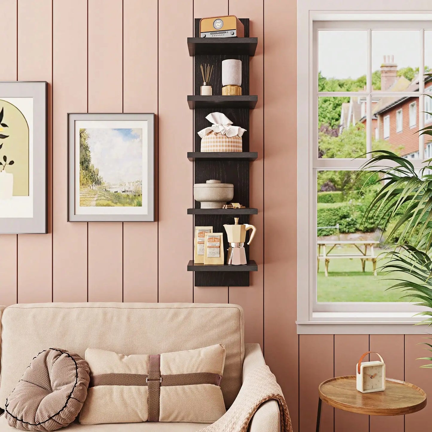 5 Tier Floating Wall Shelf Modern Wooden Vertical Wall Mounted Bookshelf Display Rack Storage Shelving Unit For Bedroom Living Room Home Office Bathroom Housewarming Gift