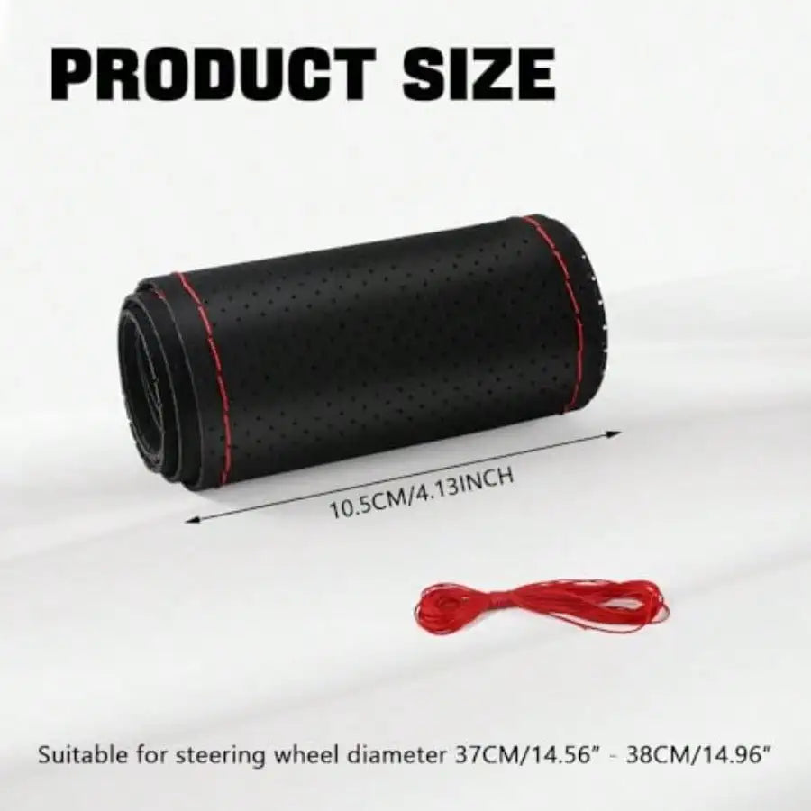 Leather Steering Wheel Cover Stitch On Wrap 15 Inch Steering Wheel Wrap Universal For Car Truck SUV Breathable Anti-Slip DIY Sewing With Needle Thread Black+Red