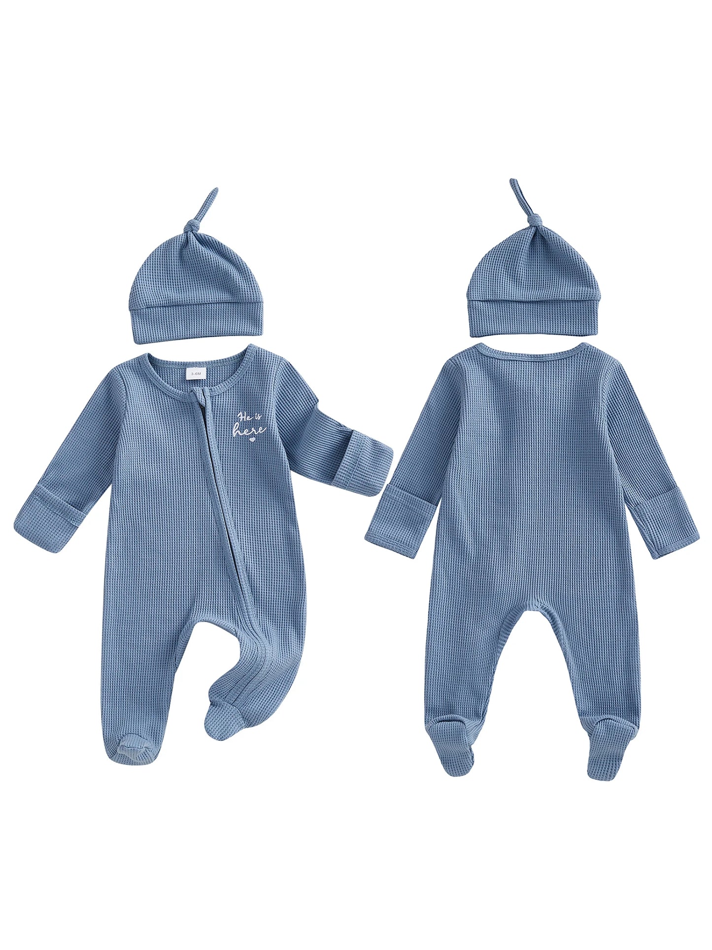 Adorable Infant 2 Piece Long Sleeve Romper Set With Hat Embroidered Letters