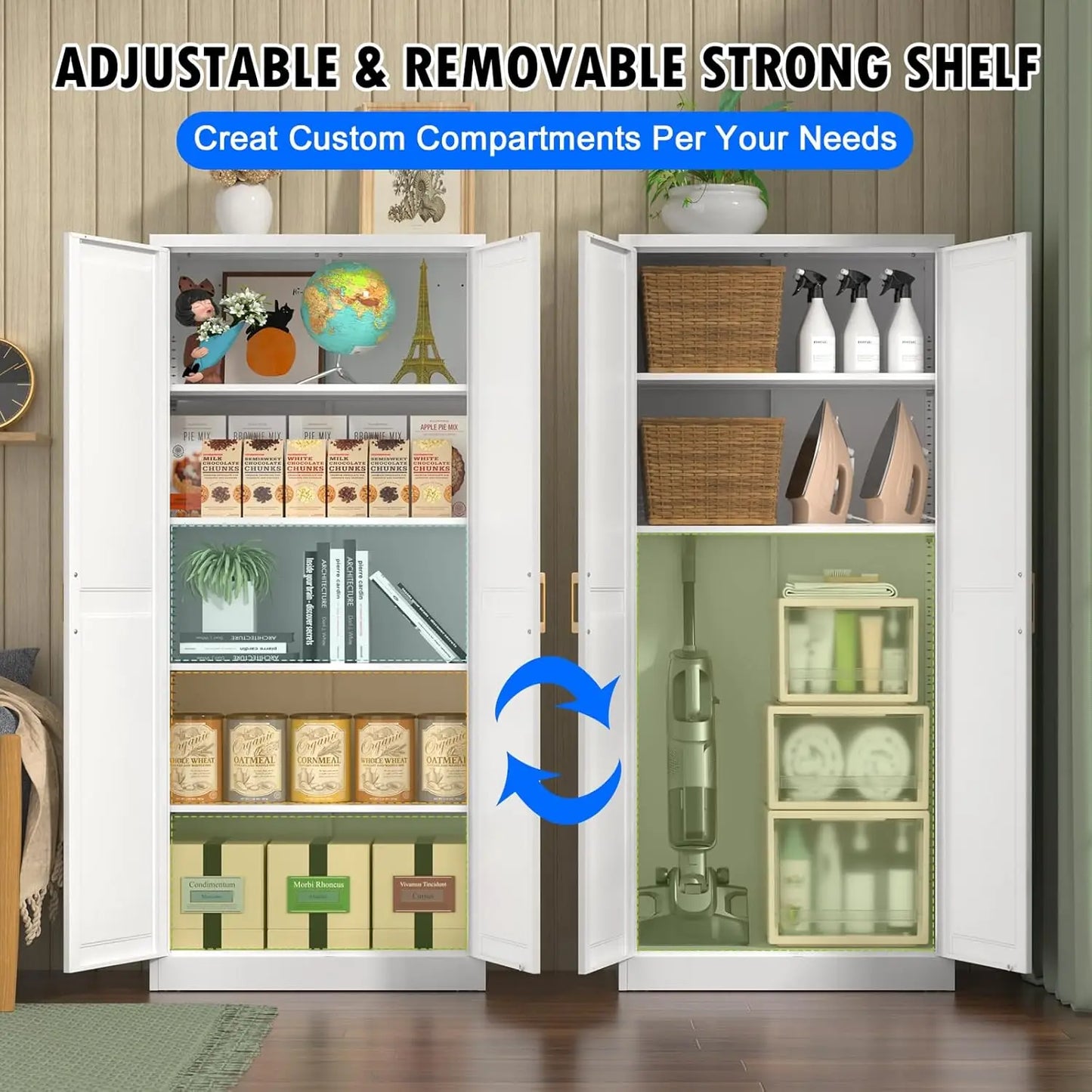 White Kitchen Pantry Cabinet, 71 Inch Tall Metal Storage Cabinet with Doors and Shelves, Pantry Cabinets, Customized