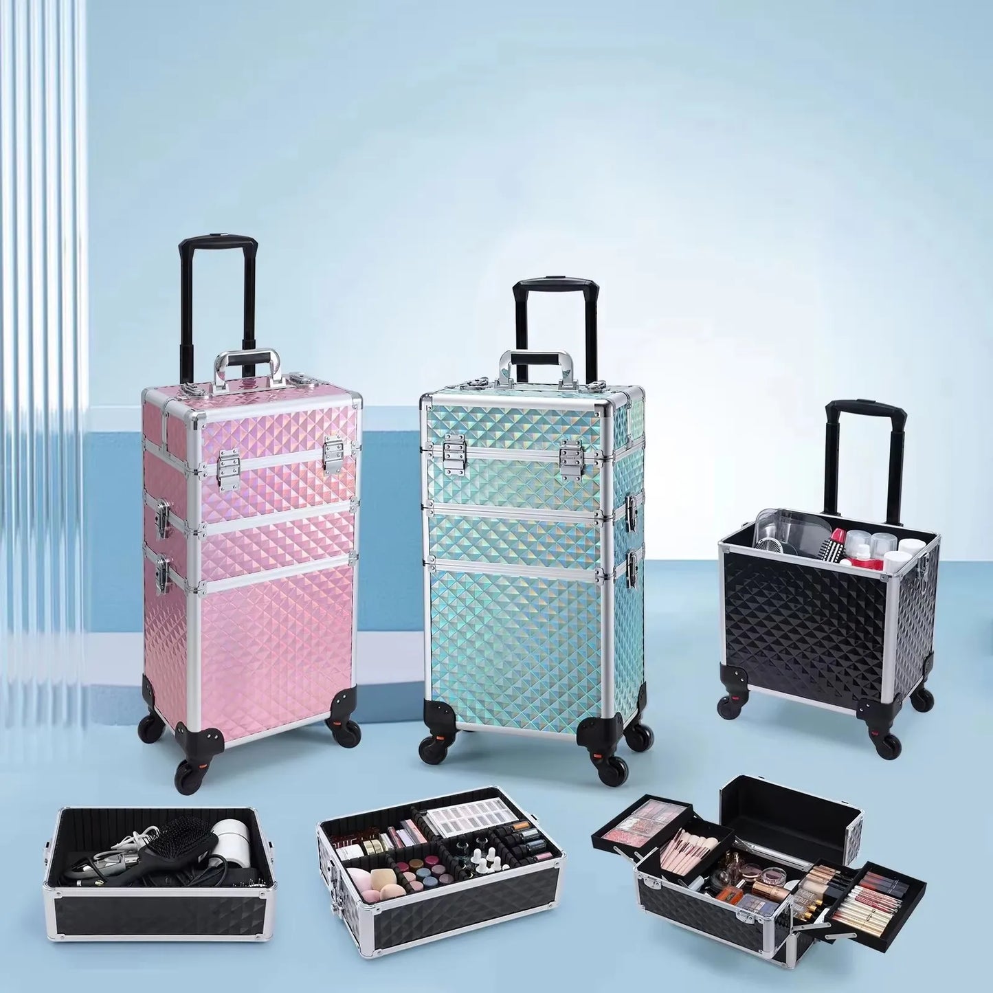 Rolling Makeup Case 3 In 1 Removable Makeup Case On Wheels Large Capacity Lockable Trolley For Salon