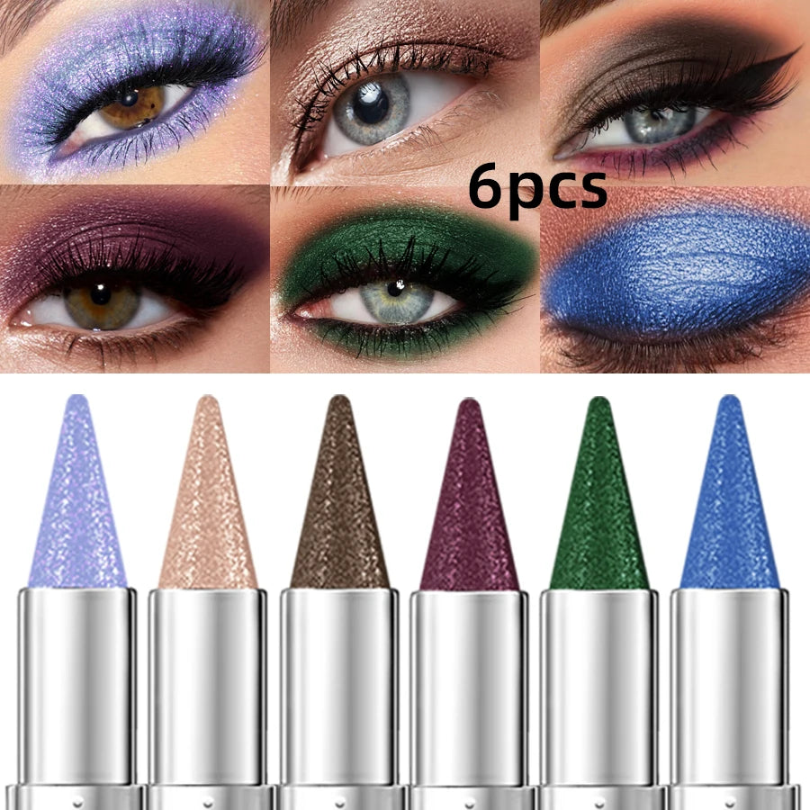 6pcs Metallic Brown Blue  Waterproof Eyeshadow Pen Glitter Shiny Eye Shadow Stick Korean Makeup for Women Gifts Pear Eye Cosmetics Smoky Black