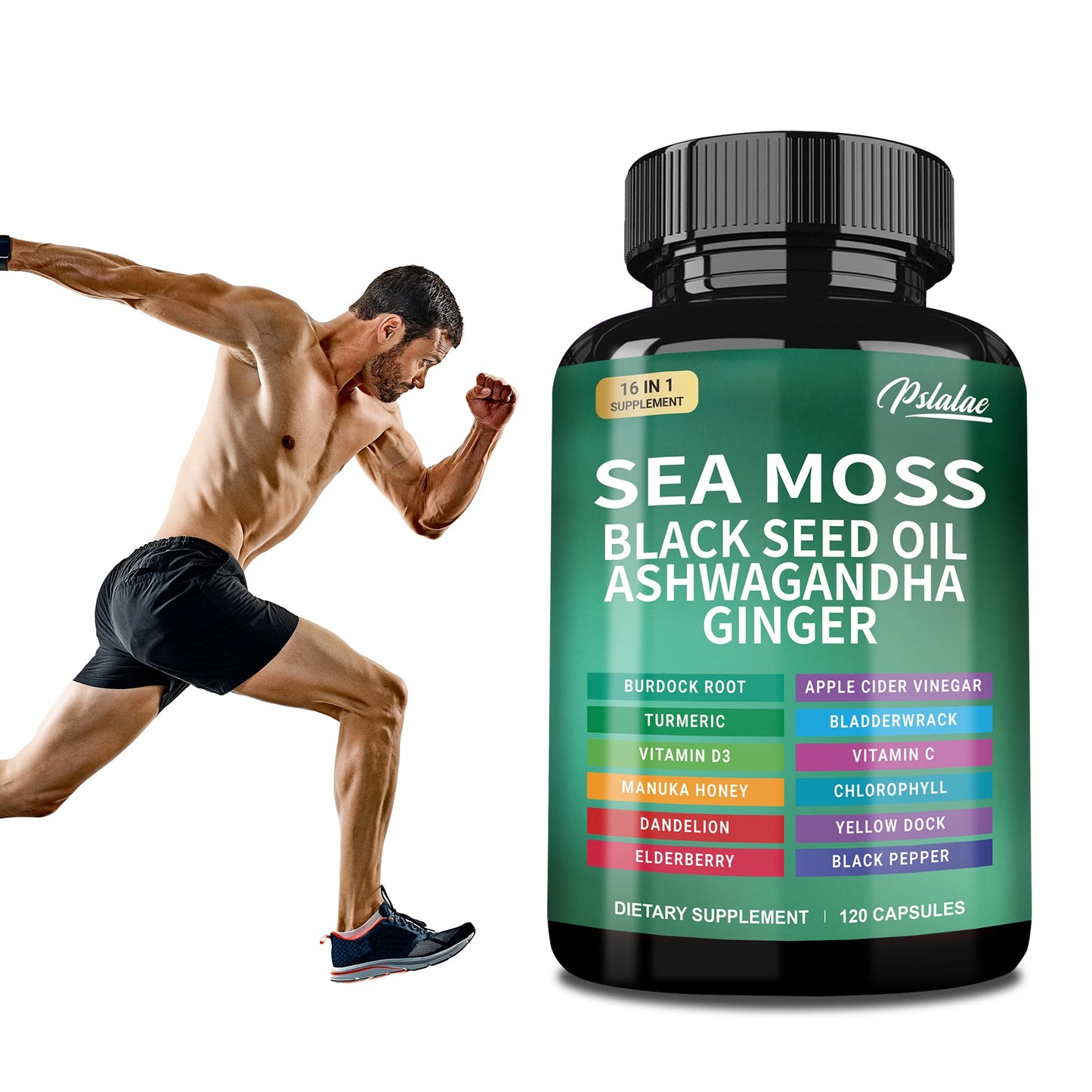 Sea Moss | Black Seed Oil | Ashwagandha | Ginger - Boosts The Immune System, Promotes Digestion and Joint Health | 120 Capsules