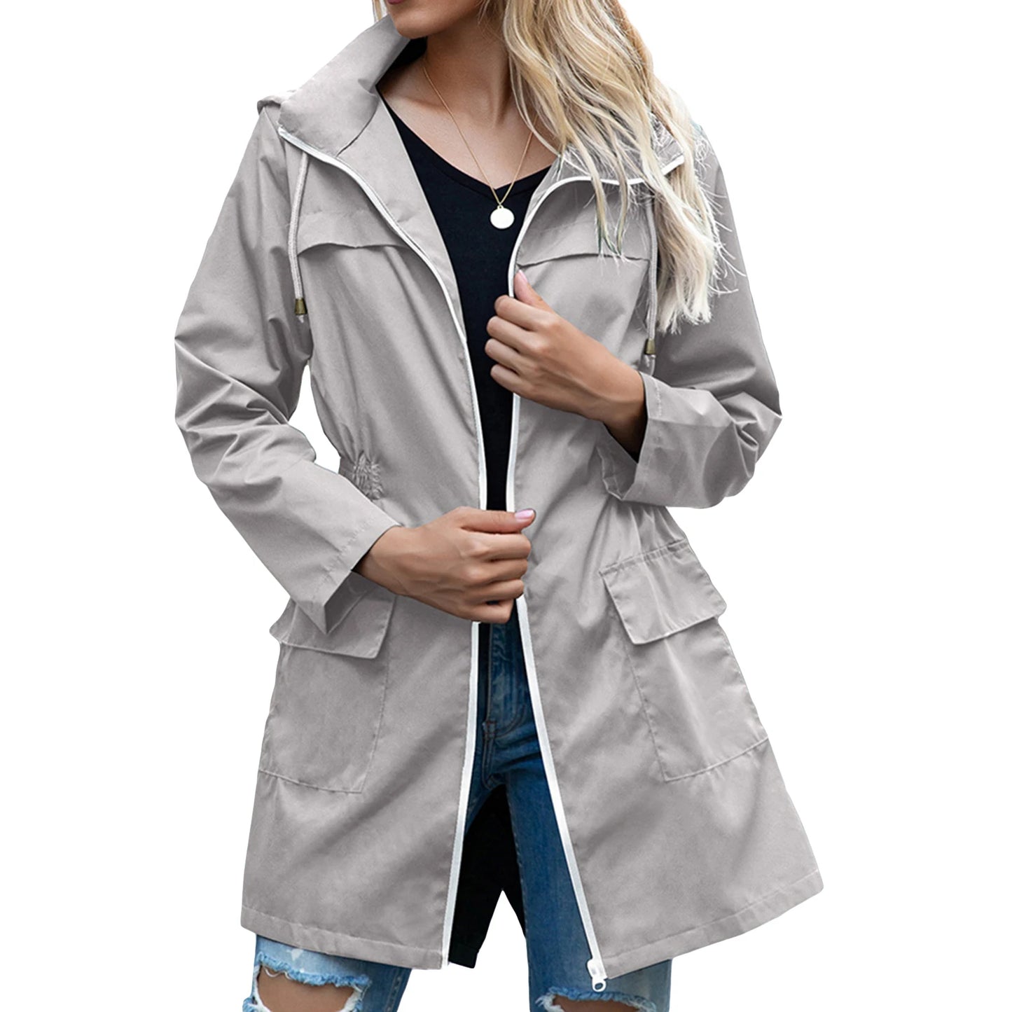 Women s Waterproof Hooded Lightweight Rain Jacket Outdoor Windproof Trench Coat Ladies Active Windbreaker with Pockets