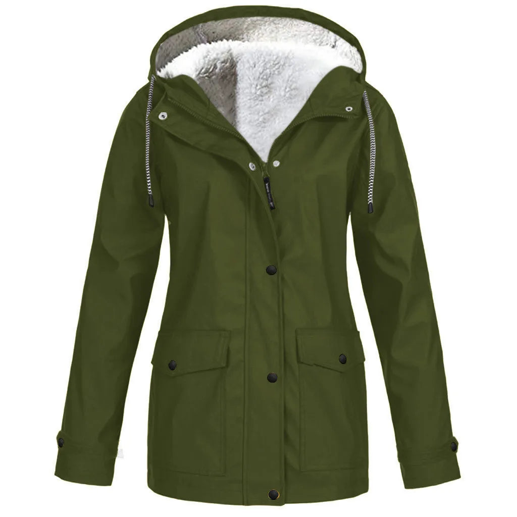 NONECN Women's Windproof Velvet Waterproof Hooded Jacket Outdoor Coat