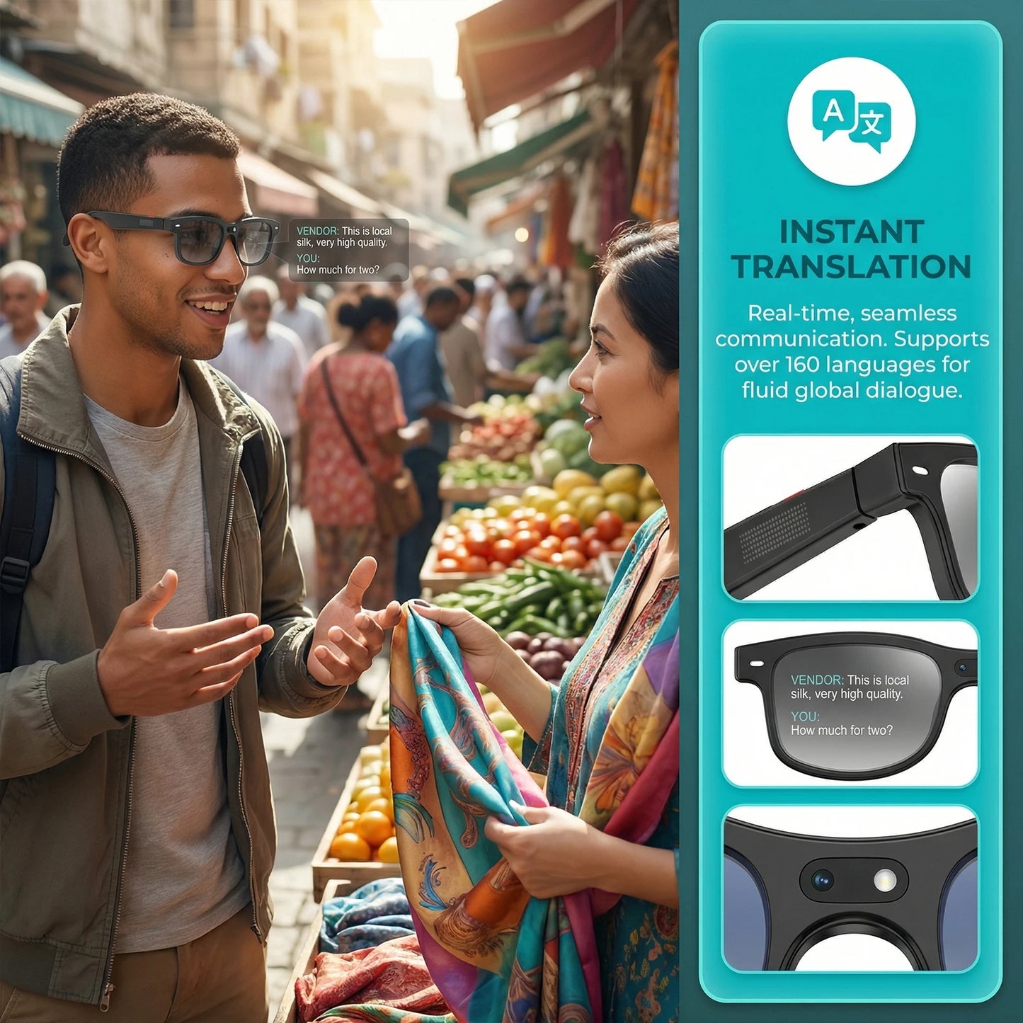 Smart Translation Glasses Real-Time 160+ Languages 8MP HD Camera