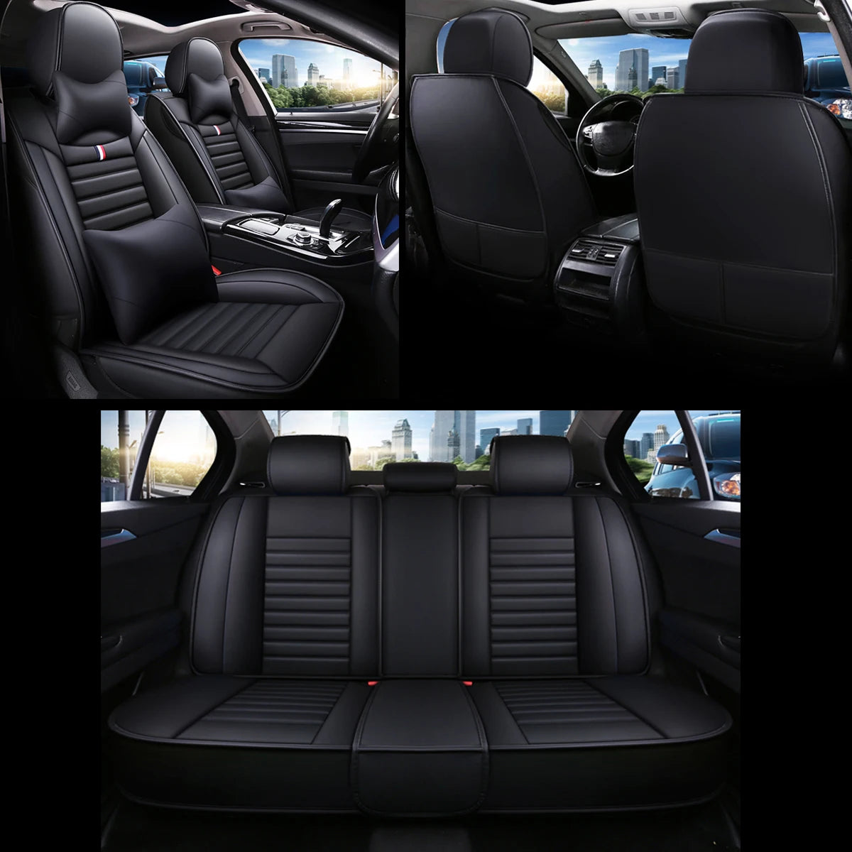 Deluxe 5 Seat Full Car PU Leather Seat Covers with Cushion Fornt and Rear Comfortable for Honda/Toyota/Peugeot/Ford/BMW Universal