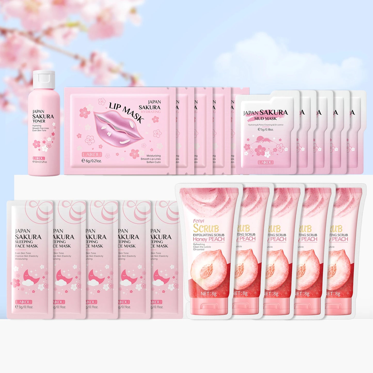 LAIKOU Sakura Skincare Set Hydrating Toner Lip Mask Mud Mask