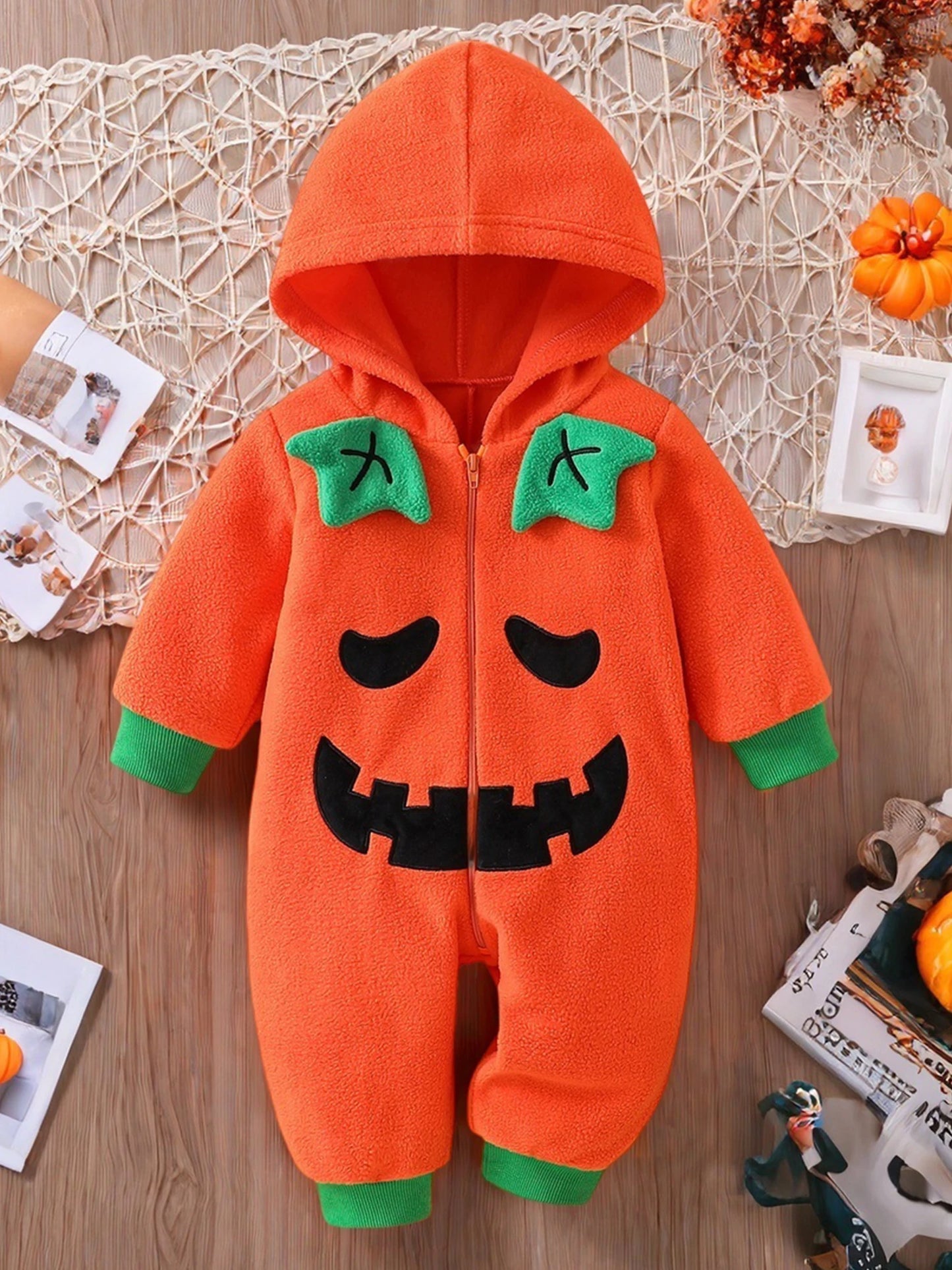 Infant Unisex Pumpkin Hooded Long Sleeve Romper With Contrast Trim Halloween Outfit For Baby Boy Or Girl