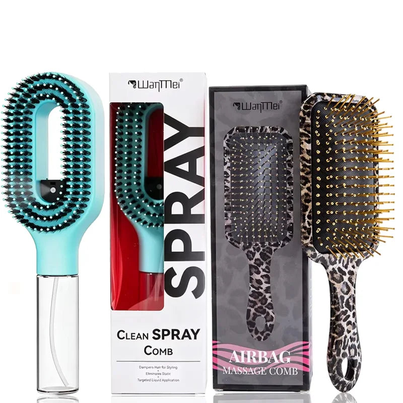 2Pcs Spray Hair Brush & Leopard Paddle Brush Set Refillable Fine Mist Hair Comb Detangle Anti‑Frizz Scalp Massage Air Cushion Hair Styling Tool for Women Wet Dry Hair