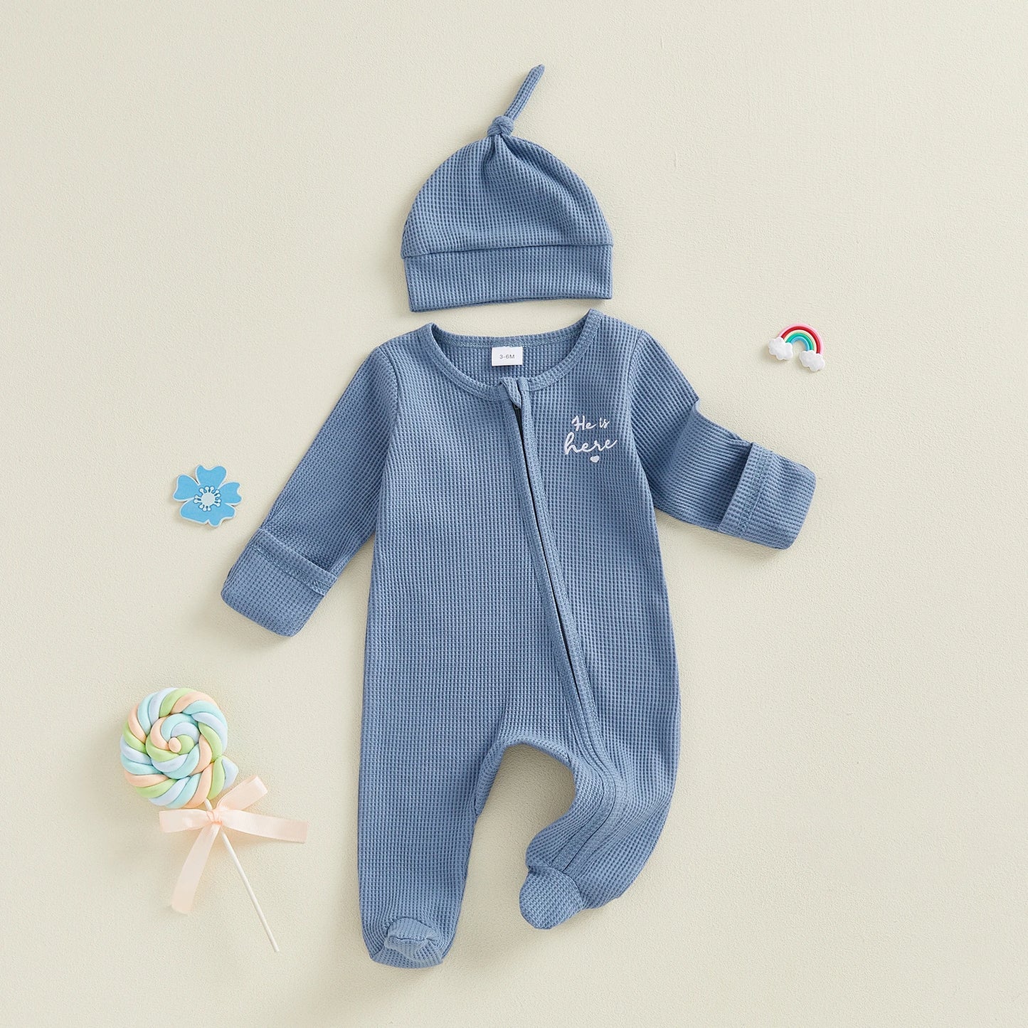 Adorable Infant 2 Piece Long Sleeve Romper Set With Hat Embroidered Letters