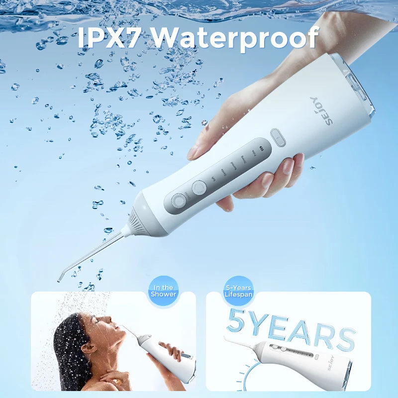 Sejoy Cordless Oral Irrigator Water Flosser 6 Cleaning Modes 350ml Tank IPX7 Waterproof for Home Travel