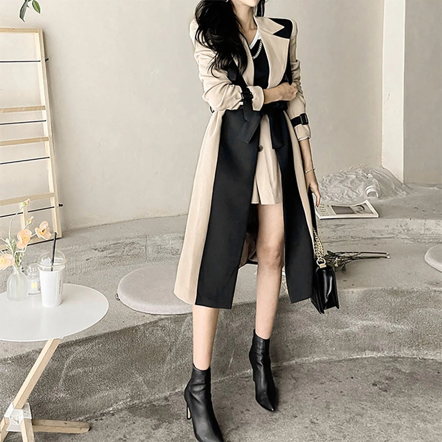 Women's Elegant Long Jacket Retro Windbreaker Trench Coat Notched Collar