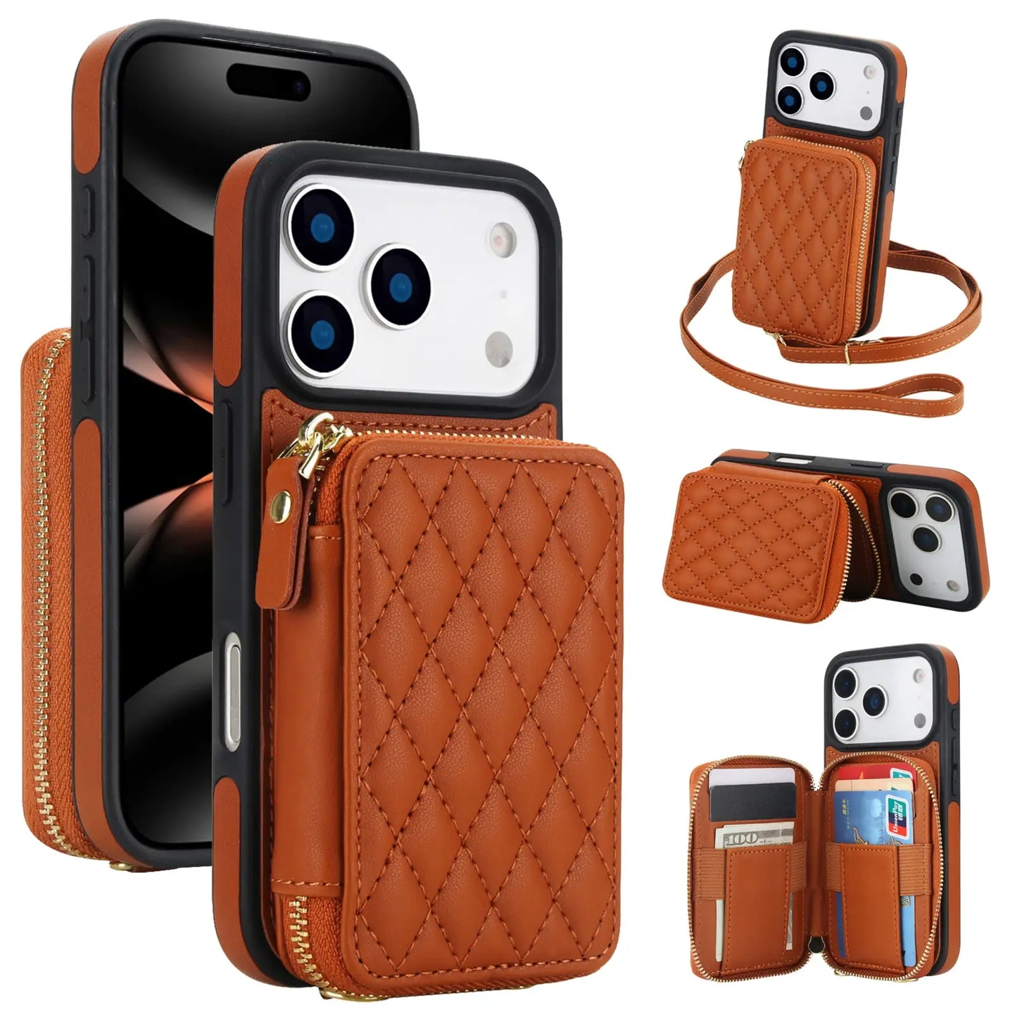 Crossbody for iPhone 17 Pro Max 17 Pro,RFID Blocking Zipper Handbag,Kickstand Folio Case,Card Slots Holder Wrist Strap Lanyard