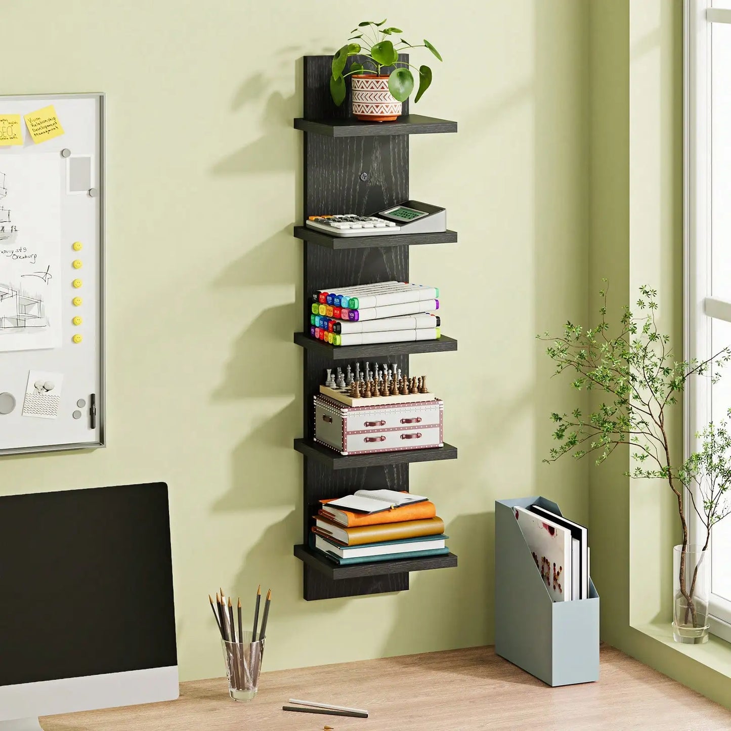 5 Tier Floating Wall Shelf Modern Wooden Vertical Wall Mounted Bookshelf Display Rack Storage Shelving Unit For Bedroom Living Room Home Office Bathroom Housewarming Gift