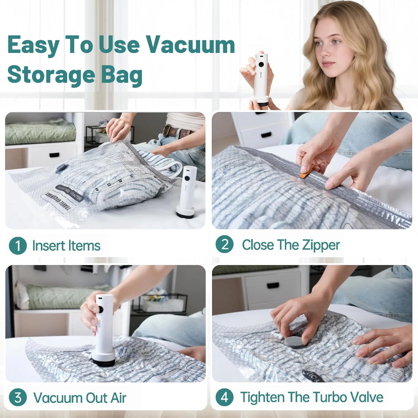 Cordless Travel Vacuum Compression Bag Set With Rechargeable Pump
