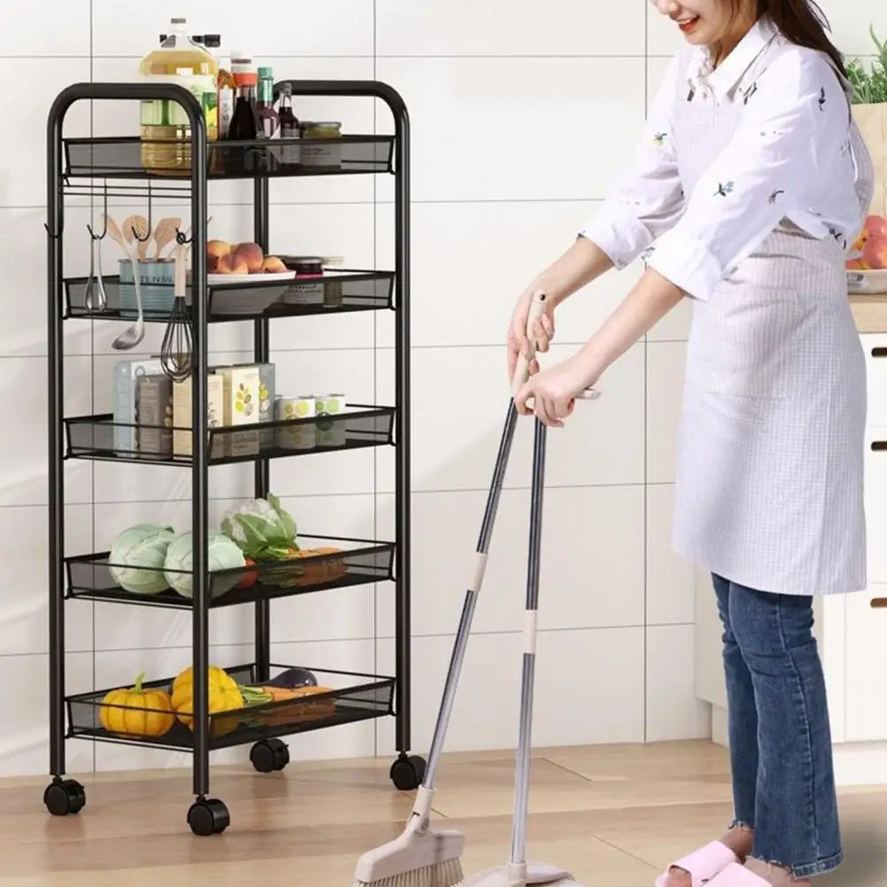 Five Tier Fruit And Vegetable Storage Basket On Wheels Metal Mesh