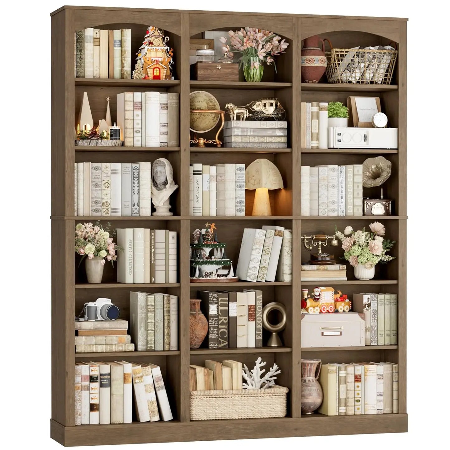 71" Triple Wide Bookshelf, 6 Tier Tall Bookshelf, Large Bookcase with Curved Baffle, 63.4" Wide Book Shelf with 18, Customized