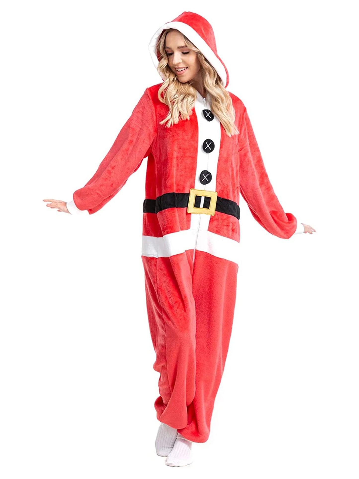 Hirigin Mrs Claus Velvet Hooded Jumpsuit With Faux Fur Trim