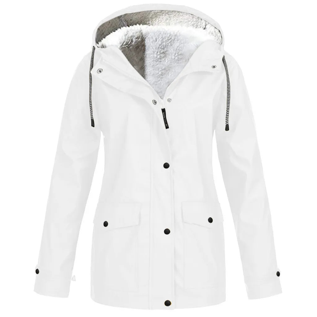 NONECN Women's Windproof Velvet Waterproof Hooded Jacket Outdoor Coat
