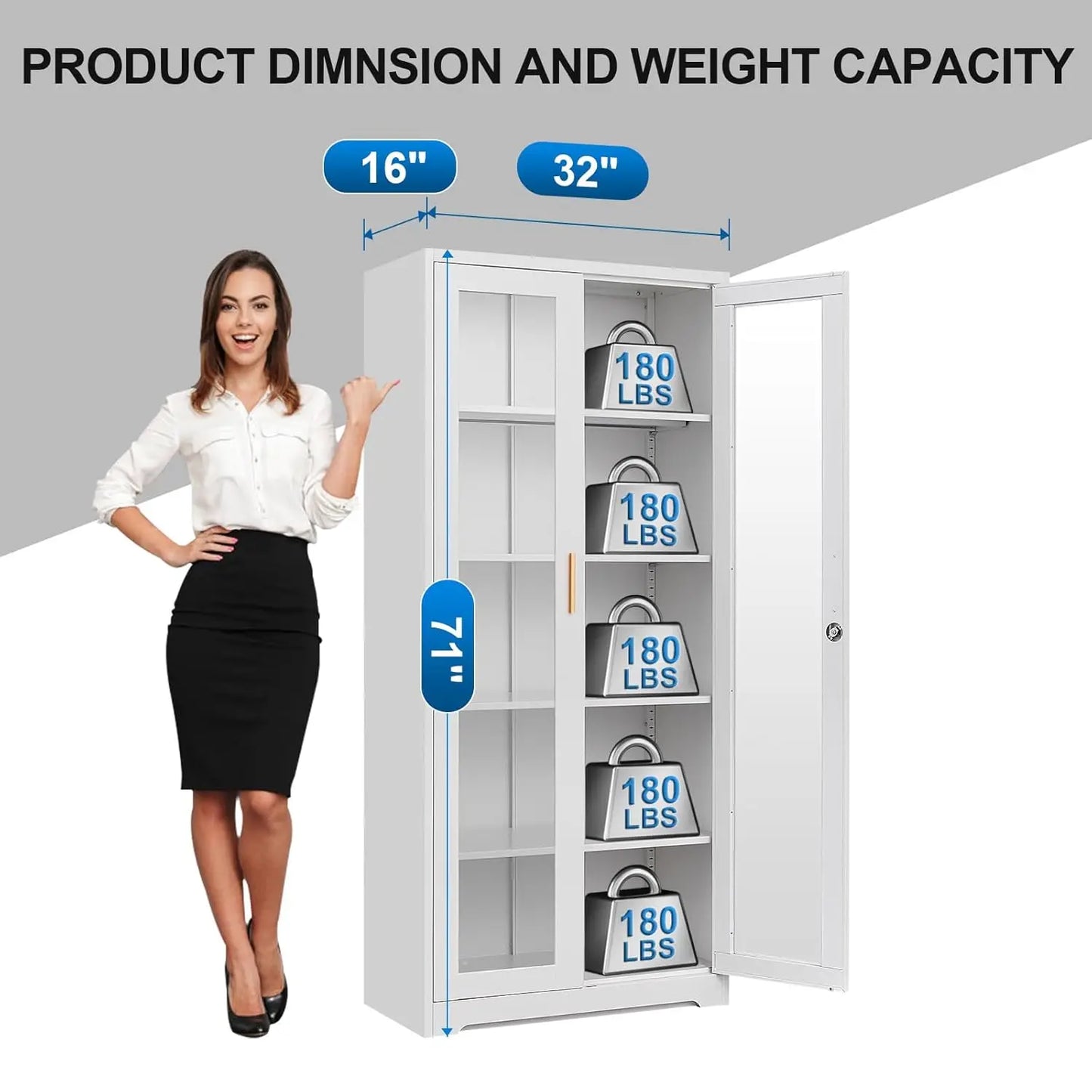 Display Cabinet with Glass Doors, 71'' Tall Curio Cabinets with Lock, Metal Glass Display Case for Collectibles, Customized
