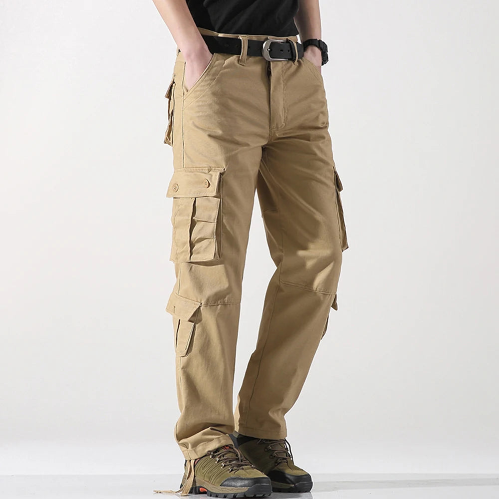 Eight Pockets 100 Percent Cotton Mens Cargo Pants Solid Color Breathable Outdoor Pants For Hiking Trekking Travel