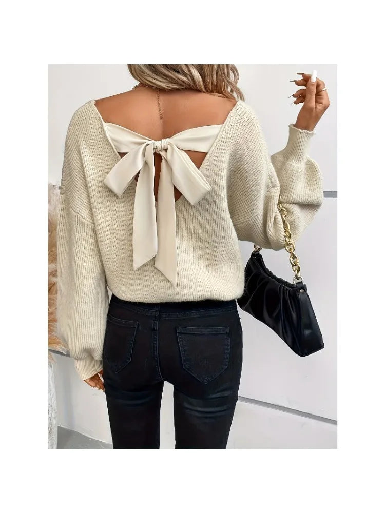 CakuloCN Womens V Neck Knit Sweater Bow Top Long Sleeve Relaxed Fit