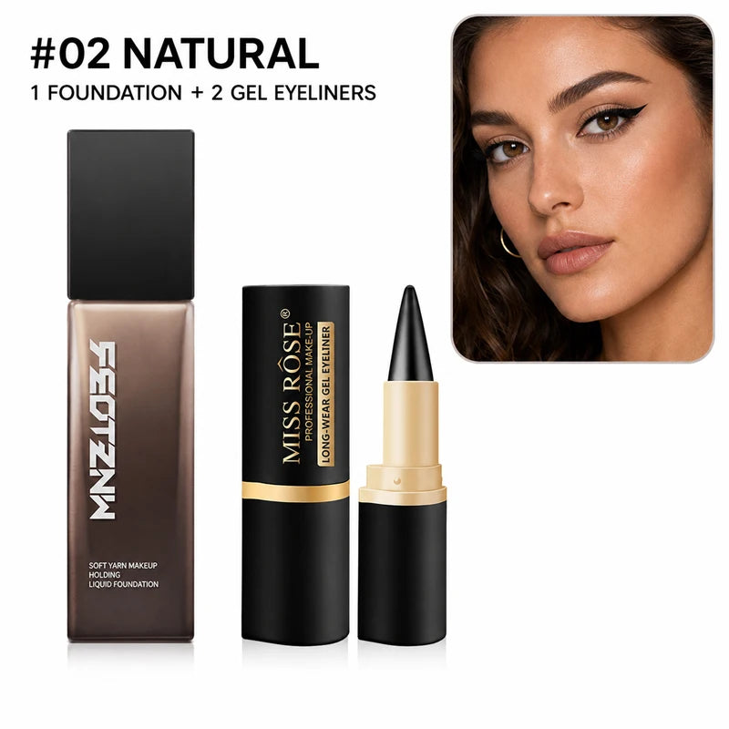 3PCS Makeup Set Full Coverage Liquid Foundation with 2 Waterproof Gel Eyeliners, Long-Lasting Matte Face Base, Smudge-Proof Black Eye Liner, Smooth Blendable Complexion and Eye Makeup Kit for Women, Natural Flawless Finish, D