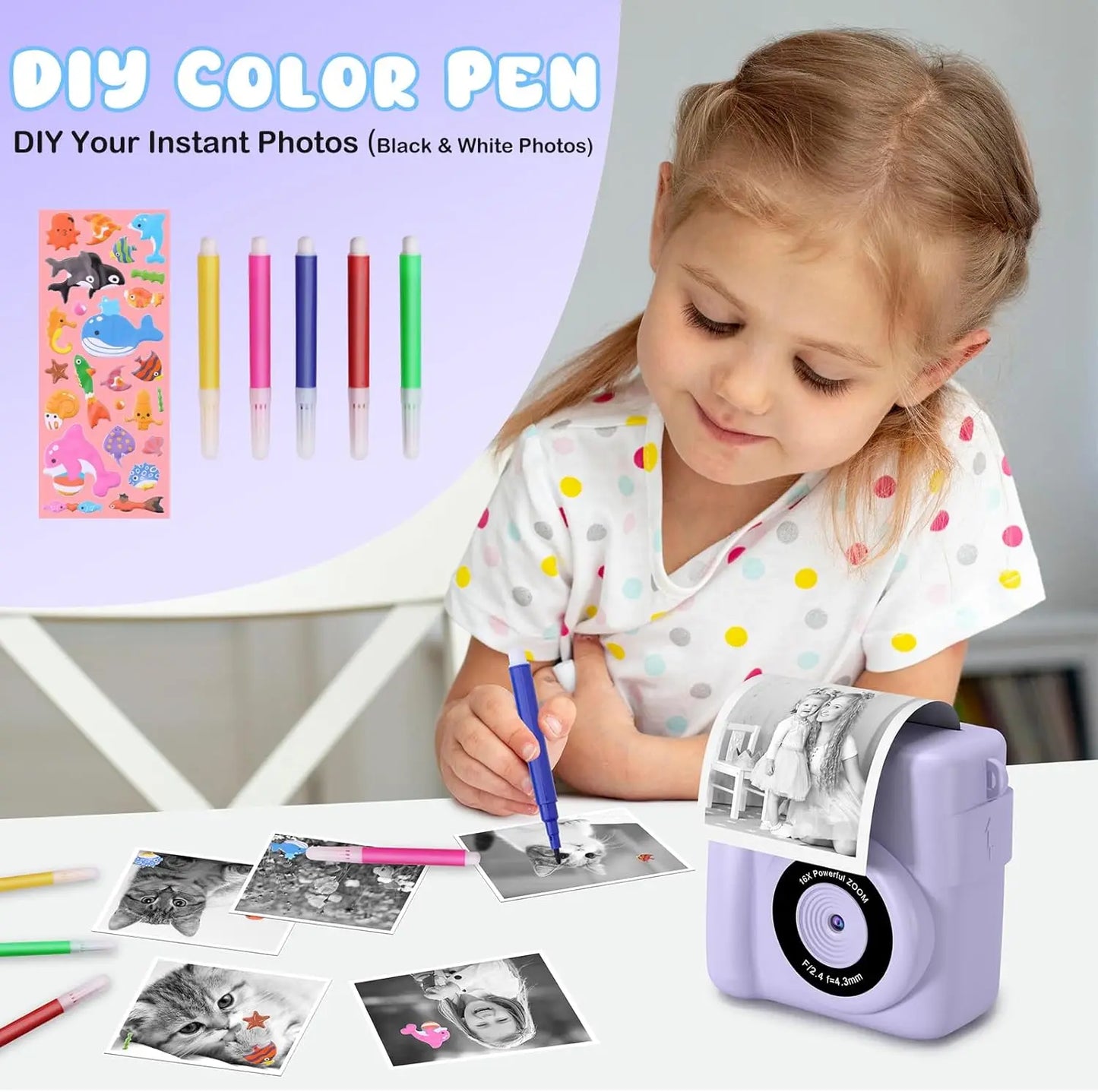 Gofunly Kids Instant Print Camera Thermal Printing Digital Camera 2 Point 4 Inch LCD 1080P For Ages Six To Twelve