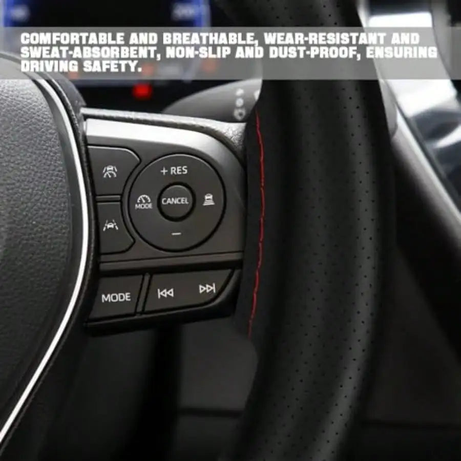 Leather Steering Wheel Cover Stitch On Wrap 15 Inch Steering Wheel Wrap Universal For Car Truck SUV Breathable Anti-Slip DIY Sewing With Needle Thread Black+Red