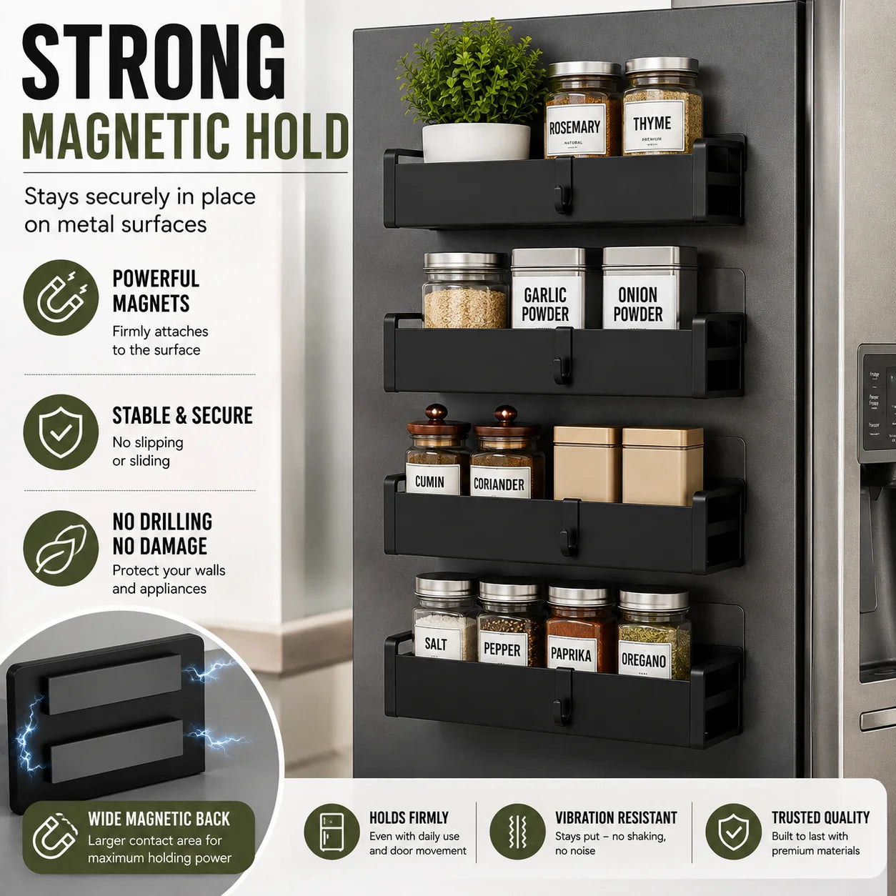 4 Pack Magnetic Spice Rack for Refrigerator, 2 Large & 2 Small Metal Fridge Side Organizer Shelves with Hooks, No Drilling Kitchen Storage Rack