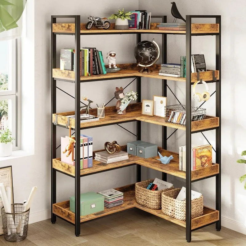 HighConcerned Bookshelf 5 Tier Reversible Corner With Hooks