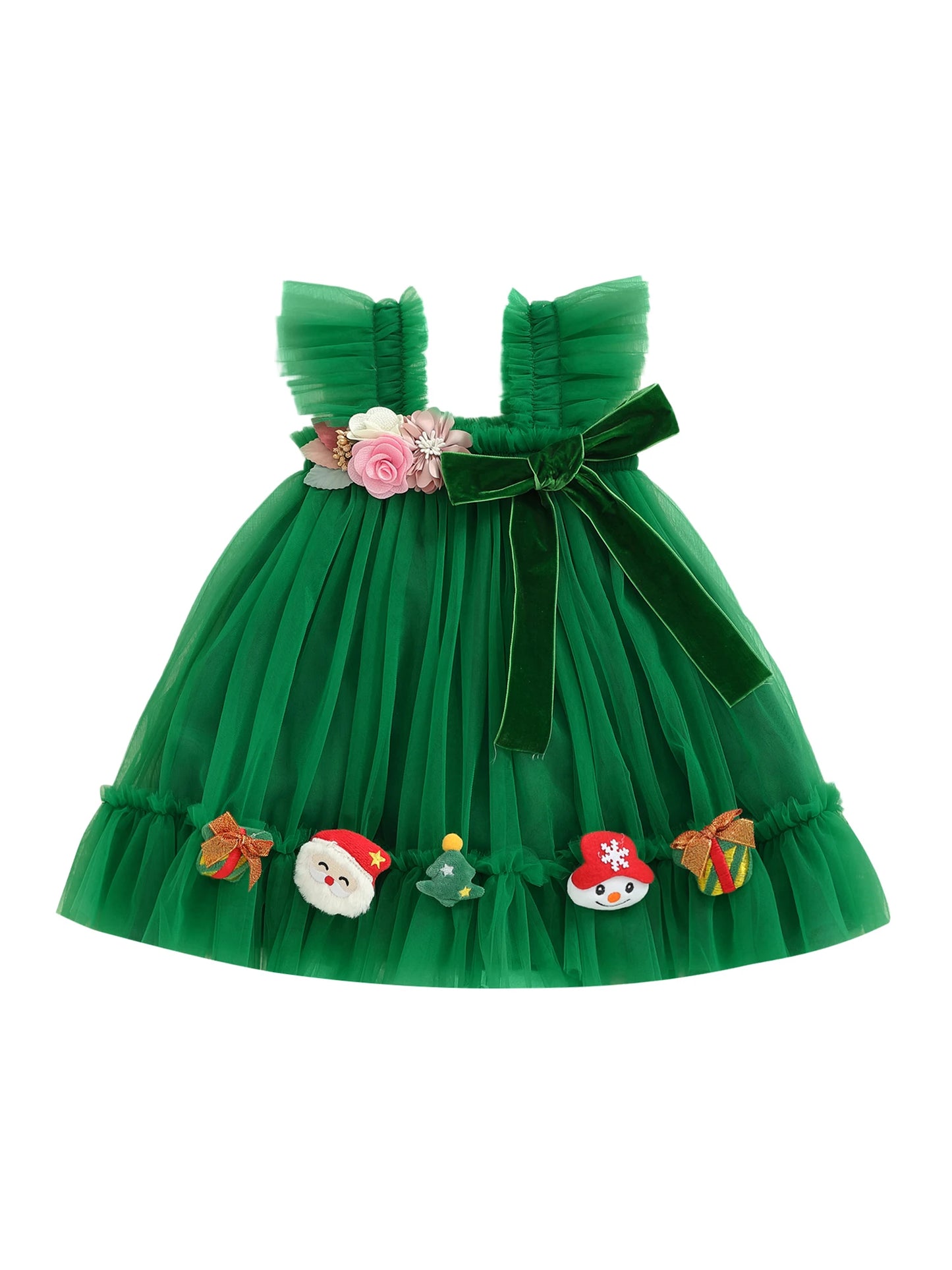 Toddler Girl Holiday Tulle Dress With 3D Flowers Santa Bow
