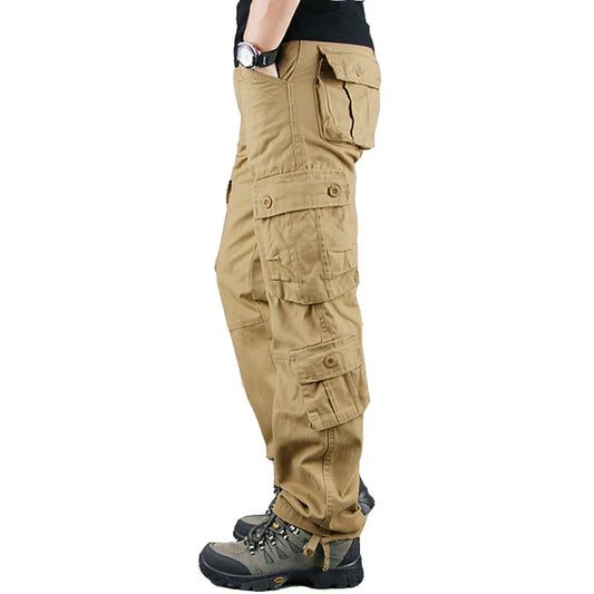 Eight Pockets 100 Percent Cotton Mens Cargo Pants Solid Color Breathable Outdoor Pants For Hiking Trekking Travel