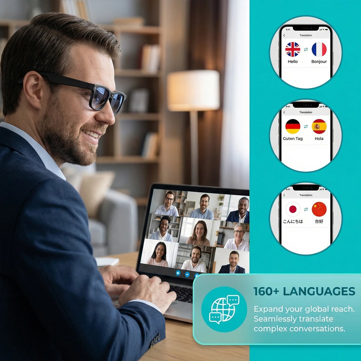 Smart Glasses Real Time Translation 160 Languages 8MP HD Camera