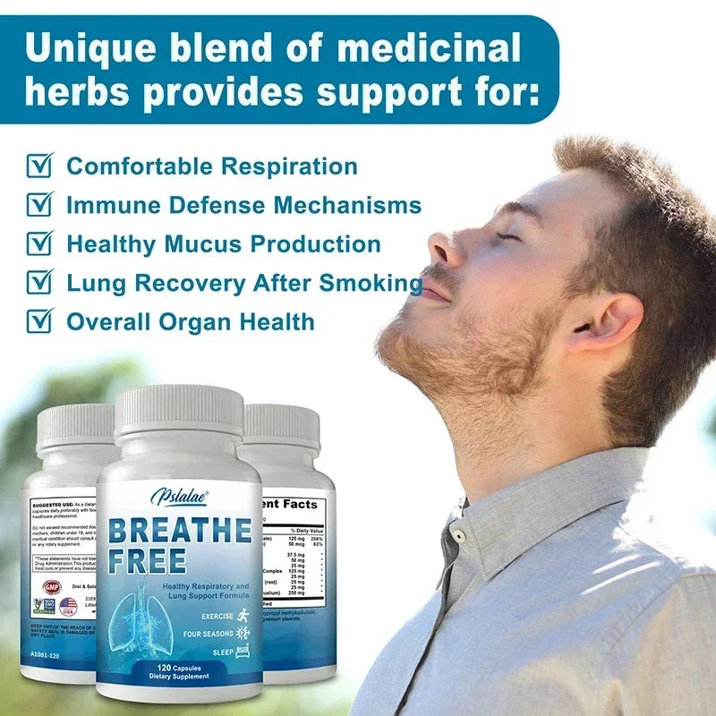 Breathe Free Support - Supports Respiratory, Promotes Lung Cleansing, Boosts Energy Levels, Antioxidant - 120 Capsules