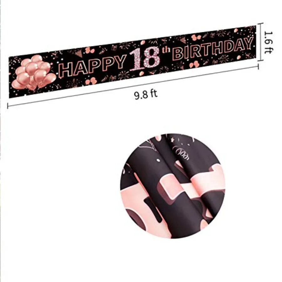 18th Birthday Decorations for Girls, Happy 18th Birthday Banner Rose Gold and Black 18 Year Old Birthday Decorations Party Supp