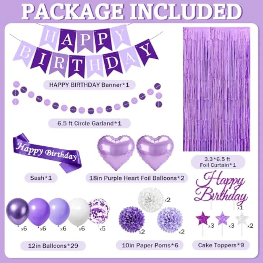 Purple Birthday Decorations, 50PCS Happy Birthday Decorations for Women Include Banner Balloons Sash Foil Fringe Curtain Paper