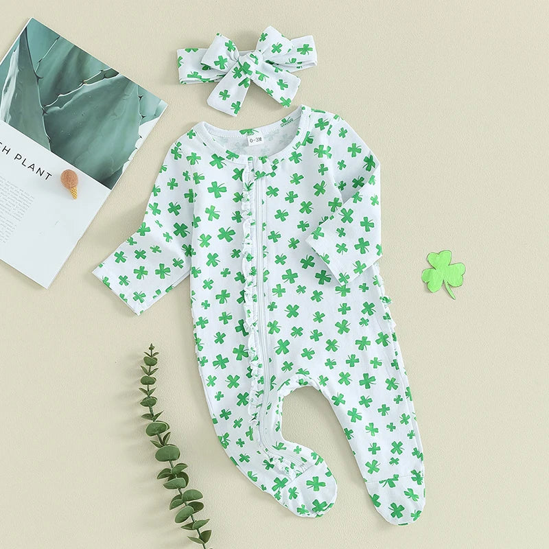 CatheryCN Infant Unisex St Patrick Day Romper Set With Headband