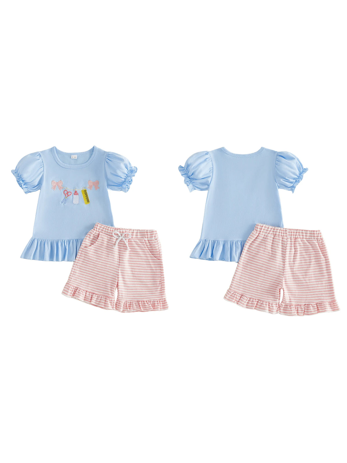 Girl s Back to School Outfit Cute Ruler Bow Embroidered Short Sleeve Ruffle T-Shirt with Matching Striped Shorts - 2 Piece