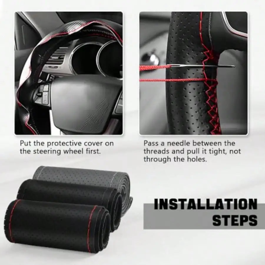 Leather Steering Wheel Cover Stitch On Wrap 15 Inch Steering Wheel Wrap Universal For Car Truck SUV Breathable Anti-Slip DIY Sewing With Needle Thread Black+Red