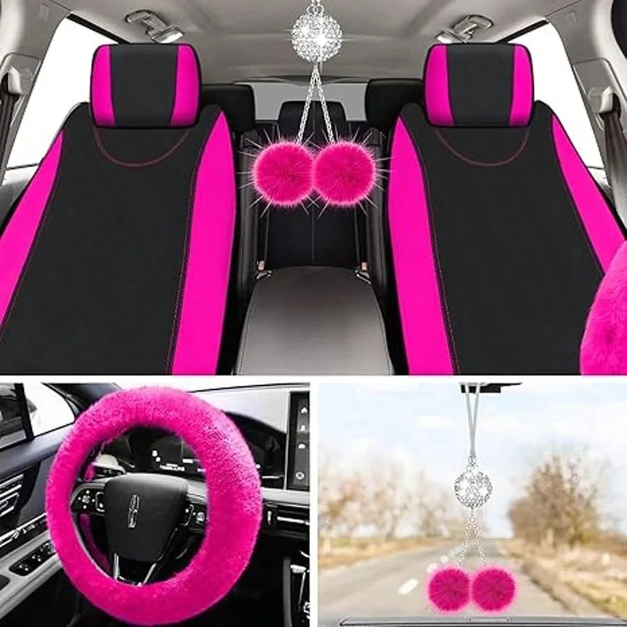 17pcs Car Seat Cover Full Set for Women Universal Fit Car Front Rear Fluffy Steering Wheel Fleece Handbrake Shift Covers Hanging Accessory Holder Ring Emblem (Rose Red Black), Car Seat Cover Full Set