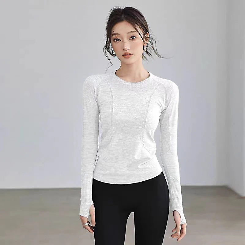 Women Seamless Round Neck Yoga Top Long Sleeve Shirt Winter