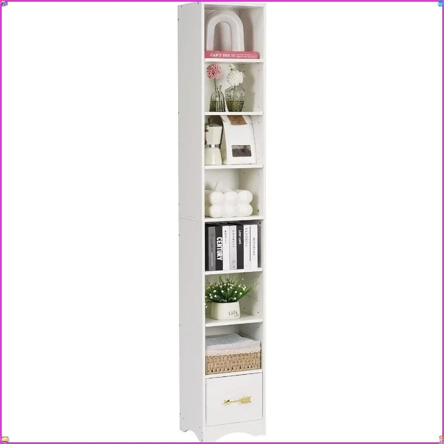 8 Tier Tall Bookshelf With Fabric Drawer For Living Room